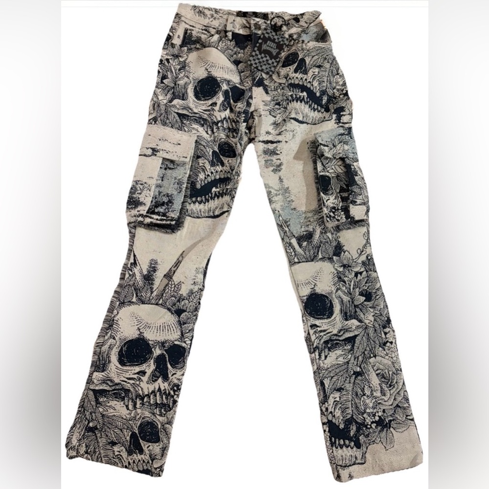 Rebel Revenge Skeleton Pants Navy Men’s 28 Graphic Cargo Goth Y2K Streetwear NWT